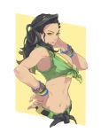  1girl asymmetrical_hair belt black_belt black_hair border bracelet brazilian breasts brown_eyes cornrows cropped_torso forehead front-tie_top hand_on_hip highres jewelry large_breasts laura_matsuda lips long_hair midriff navel sleeveless solo sora-bakabon street_fighter street_fighter_v white_border yellow_background 