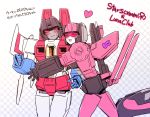  2girls ^_^ airplane_wing annoyed arm_cannon blush character_name clenched_hand closed_eyes decepticon genderswap genderswap_(mtf) heart highres hug kyarara_renan looking_down lunaclub mecha multiple_girls no_humans starscream transformers venus_symbol weapon yuri 