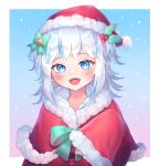  1girl :d bangs bell blue_eyes blue_hair blush border bow capelet christmas commentary fur-trimmed_capelet fur-trimmed_headwear fur-trimmed_jacket fur_trim gawr_gura gradient_hair green_bow hair_bell hair_bow hair_ornament hand_up hat highres hololive hololive_english jacket lacieon long_hair long_sleeves looking_at_viewer multicolored_hair open_mouth red_capelet red_headwear santa_costume santa_hat sharp_teeth sleeves_past_wrists smile solo streaked_hair teeth upper_body upper_teeth virtual_youtuber white_border 