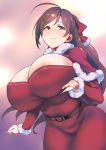 1girl ahoge areola_slip areolae belt breasts brown_belt brown_hair capelet cleavage cleavage_cutout clothing_cutout cowboy_shot dress fur-trimmed_capelet fur_trim hair_ornament hair_ribbon hairclip highres huge_breasts kantai_collection long_hair mamiya_(kantai_collection) rampage_2nd red_dress red_eyes red_ribbon ribbon solo 