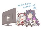  2girls bare_shoulders blush drill_hair eyepatch hair_ornament hololive kakage logo long_hair multicolored_hair multiple_girls open_mouth purple_hair unnamed_hololive_vtuber unnamed_hololive_vtuber_2 virtual_youtuber watching white_background white_eyepatch white_hair 