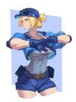  1girl baseball_cap belt belt_pouch blonde_hair blue_background blue_eyes blue_jacket blue_shorts border breasts cracking_knuckles cropped_jacket cropped_legs eyewear_on_head final_fight fingerless_gloves folded_ponytail gloves grey_shirt hat highres jacket lucia_morgan medium_breasts police police_uniform policewoman pouch shirt short_hair shorts sleeves_pushed_up solo sora-bakabon street_fighter street_fighter_v sunglasses uniform white_border 