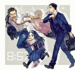  1girl 3boys adjusting_neckwear asirpa bag belt black_belt black_eyes black_hair black_legwear blue_jacket blue_pants blue_skirt blue_suit blue_vest bread brown_footwear buzz_cut collared_shirt contemporary dress_shirt drinking earrings facial_hair flying_sweatdrops food formal full_body goatee golden_kamuy grey_hair hair_slicked_back hairband highres holding holding_bag holding_clothes holding_jacket hoop_earrings jacket jewelry juice long_hair long_skirt long_sleeves looking_away mouth_hold multiple_boys necktie ogata_hyakunosuke open_mouth over_shoulder oziozi_kamuy pants pantyhose pink_shirt pleated_skirt profile pulling red_footwear running scar scar_on_cheek scar_on_face school_uniform serafuku shiraishi_yoshitake shirt shoes short_hair sideburns skirt sleeping sleeves_rolled_up sneakers sugimoto_saichi suit teeth v-shaped_eyebrows very_short_hair vest walking white_shirt yellow_neckwear 