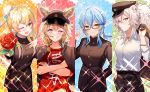  4girls ahoge animal_ears blonde_hair blue_hair braid bun_cover crossed_arms dega1028 fang flower fox_ears gakuran glasses grey_hair grin hat hololive jacket jacket_on_shoulders jacket_over_shoulder lion_ears long_hair momosuzu_nene multiple_girls omaru_polka one_eye_closed pointy_ears rose school_uniform shishiro_botan smile sparkle virtual_youtuber yukihana_lamy 