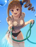  1girl ahoge bikini black_bikini black_scrunchie blue_sky breasts brown_hair clear_sky cleavage commentary cowboy_shot day drill_hair droplet eyebrows_visible_through_hair hair_ornament hair_scrunchie highres holding holding_hose hose idolmaster idolmaster_million_live! kamille_(vcx68) leaning_forward looking_at_viewer medium_breasts medium_hair navel no_pants open_mouth outdoors pov print_scrunchie purple_eyes scrunchie see-through shirt side_drill side_ponytail sky smile solo sparkle standing star_(symbol) star_print swimsuit thigh_gap tied_shirt wet wet_clothes wet_shirt white_shirt yokoyama_nao 