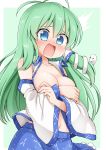  1girl areola_slip areolae bangs bare_shoulders blue_eyes blue_skirt blush breasts breasts_outside cleavage collarbone commentary_request commission covering covering_breasts d: detached_sleeves embarrassed eyebrows_visible_through_hair green_background green_hair hair_between_eyes hair_ornament highres kochiya_sanae large_breasts long_hair looking_down navel open_clothes open_mouth open_shirt screaming shirt sidelocks simple_background skeb_commission skirt snake_hair_ornament solo suwa_yasai sweat touhou two-tone_background upper_body very_long_hair white_background white_shirt wide_sleeves 