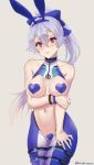  1girl adapted_costume animal_ears arm_under_breasts bangs blue_bow blue_legwear blush bow breasts bunny_ears collarbone covered_collarbone covered_nipples eyebrows_visible_through_hair fake_animal_ears fate/grand_order fate_(series) hair_between_eyes hair_bow heart_pasties large_breasts long_hair looking_at_viewer maebari meme_attire navel pasties ponytail red_eyes revealing_clothes reverse_bunnysuit reverse_outfit revision same_no_fukahire silver_hair simple_background standing thigh_strap thighs tomoe_gozen_(fate/grand_order) tomoe_gozen_(swimsuit_saber)_(fate) white_legwear 