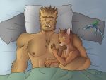  4:3 anthro bandanna bed blueclayman bugbear chest_tuft clothed clothing cuddling dungeons_and_dragons duo fangs felid feline furniture hasbro hi_res humanoid kerchief male male/male mammal muscular muscular_male sleeping tabaxi topless tuft tusks wizards_of_the_coast 