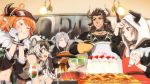  1boy 4girls animal_ear_fluff animal_ears apron arknights armband blush broken_horn bunny_ears cake christmas cliffheart_(arknights) closed_eyes commentary_request cookie cow_boy cow_girl cow_horns cream croissant_(arknights) cup drinking_glass earrings eating english_text food fruit funnel hat horns jewelry kitchen leopard_ears leopard_girl matterhorn_(arknights) mittens multiple_girls navel official_art oven_mitts pie pot rabbit_girl salad salad_bowl savage_(arknights) scar scar_across_eye smile spoon strawberry tray vulcan_(arknights) wine_glass 