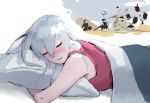  1girl arknights bangs bare_shoulders blanket breasts closed_eyes commentary dongho_kang dreaming hair_between_eyes holding long_hair lying on_stomach pillow pink_tank_top silver_hair skadi_(arknights) sleeping solo sword tank_top weapon 