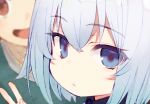  :/ blue_eyes blue_hair blurry blurry_background character_request child close-up closed_mouth depth_of_field dot_nose looking_at_viewer medium_hair ryuuou_no_oshigoto! shirabi solo_focus sora_ginko v younger 