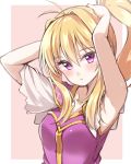  1girl ahoge armpits arms_up blonde_hair blouse blush breasts clarine_(fire_emblem) collarbone colored_eyelashes eyebrows_visible_through_hair fire_emblem fire_emblem:_the_blazing_blade hair_between_eyes jiino long_hair looking_at_viewer medium_breasts ponytail purple_blouse purple_eyes shadow simple_background solo tying_hair upper_body yellow_eyes 