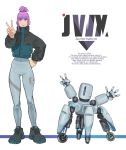  1girl 1other blue_eyes bodysuit brown_footwear commentary_request english_text engrish_text eyebrows_visible_through_hair full_body grey_bodysuit hand_on_hip height_difference highres jacket light_smile original purple_hair ranguage robot science_fiction shoes sidelocks sneakers sora-bakabon standing updo v waving 