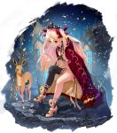  1girl absurdres artist_name asymmetrical_legwear bangs black_legwear blonde_hair breasts cage cape closed_mouth commentary_request deer earrings ereshkigal_(fate/grand_order) expressionless fate/grand_order fate_(series) hair_ribbon highres huge_filesize jewelry leaning_forward looking_at_viewer medium_breasts parted_bangs red_cape red_eyes red_ribbon ribbon signature single_thighhigh sitting solo thighhighs tiara trapiorra two_side_up 
