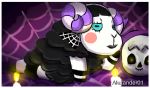  aluxander01 animal_crossing anthro black_body black_fur black_hooves black_lipstick blunt_bangs blush bone bovid candle_light candlestick caprine curled_horns domestic_sheep eyelashes female fur hooves horn lipstick looking_at_viewer lying makeup mammal muffy_(animal_crossing) multicolored_body nintendo on_side purple_horn purple_stripes semi-anthro sheep skull smile solo spider_web stripes teal_eyes video_games white_body white_fur wool_(fur) 