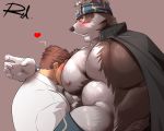  2boys animal_ears bara bare_pecs between_pecs blush brown_hair chest_hair couple from_side furry grey_fur grey_hair head_between_pecs headband heart horkeu_kamui_(tokyo_houkago_summoners) male_focus master_3_(tokyo_houkago_summoners) multicolored_hair multiple_boys muscular muscular_male nipples pectorals reclamon shirt short_hair silver_hair tokyo_houkago_summoners two-tone_fur upper_body white_fur white_shirt wolf_boy wolf_ears yaoi yellow_eyes 