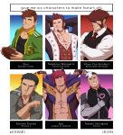  6+boys abs absurdres alex_(stardew_valley) american_football_(object) amputee arms_behind_head bara bare_pecs black_eyes black_hair black_tank_top brown_hair cigarette crestren crossed_arms doujima_ryoutarou facial_hair fate/grand_order fate_(series) flexing formal green_jacket highres jacket kekkai_sensen klaus_von_reinhertz league_of_legends long_sleeves male_focus military military_uniform multiple_boys muscular muscular_male napoleon_bonaparte_(fate/grand_order) navel necktie open_clothes open_jacket pectorals persona persona_4 pose prosthesis prosthetic_arm red_hair sett_(league_of_legends) short_hair sideburns six_fanarts_challenge spiked_hair stardew_valley stomach stubble takashi_shirogane tank_top track_jacket uniform voltron:_legendary_defender white_hair 