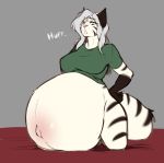  anthro belly big_belly bottomless breasts clothed clothing felid feline female fur hi_res hyper hyper_belly hyper_pregnancy mammal pregnant solo striped_body striped_tail stripes the_dogsmith white_body white_fur 