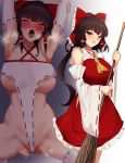  1girl absurdres areola_slip areolae armpits aroused blush breasts broom brown_hair hair_ribbon hakurei_reimu highres large_breasts looking_at_viewer medium_hair open_mouth ribbon simple_background sinkai smile solo steam steaming_body touhou wedgie 