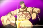  1boy abs ass_visible_through_thighs bara bare_pecs blush brown_hair bulge chain chest_harness collar cuffs facial_hair flaming_eye goatee handcuffs harness hercules_(tokyo_houkago_summoners) kill_la_kill kito_(clamp5656) loincloth looking_at_viewer male_focus metal_collar muscular muscular_male navel nipples pectorals revealing_clothes short_hair sideburns solo sparkle spread_legs thick_thighs thighs tokyo_houkago_summoners 