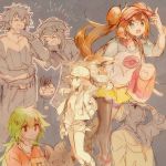  2girls 4boys ^_^ baseball_cap blue_eyes breasts brown_hair closed_eyes commentary_request creature double_bun gen_5_pokemon green_hair grey_background happy hat hilbert_(pokemon) hilda_(pokemon) hugh_(pokemon) laughing long_hair long_sleeves multiple_boys multiple_girls n_(pokemon) namie-kun nate_(pokemon) partially_colored pokemon pokemon_(creature) pokemon_(game) pokemon_bw pokemon_bw2 rosa_(pokemon) simple_background small_breasts tepig very_long_hair 