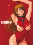  1girl armpits arms_up blue_eyes bodysuit breasts eyepatch lips long_hair looking_at_viewer neon_genesis_evangelion nipples open_mouth orange_hair parted_lips red_background shikinami_asuka_langley shiny shiny_skin simple_background solo souryuu_asuka_langley watanabe_yasuaki 