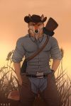  anthro belt_buckle biped black_nose bottomwear canid canine canis clothing cowboy coyote denim denim_clothing furgonomics gun hat headgear headwear hi_res jeans leather leather_bottomwear leather_clothing leather_pants male mammal pants ranged_weapon rifle shirt solo thevale topwear weapon 