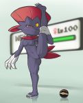  anthro blush breasts chest_tuft claws fangs female fur gameplay_mechanics genitals hi_res looking_at_viewer mochi-bun navel nintendo nipples nude on_one_leg pok&eacute;ball pok&eacute;mon pok&eacute;mon_(species) pussy raised_leg red_eyes reflection simple_background small_breasts smile solo standing tuft video_games weavile 