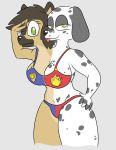  2_heads anthro breasts canid canine canis clothing conjoined dalmatian domestic_dog female german_shepherd herding_dog hi_res mammal multi_head one_eye_closed pastoral_dog siamese_twins skewedl0gic solo tongue tongue_out wink 