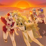  2boys 2girls ahoge alternate_costume beach blonde_hair blue_eyes braid fire_emblem fire_emblem_fates fire_emblem_heroes forrest_(fire_emblem) grey_eyes highres kiragi_(fire_emblem) multiple_boys multiple_girls nina_(fire_emblem) ophelia_(fire_emblem) starlitfairyli1 sunset swimsuit torch white_hair 