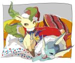  apios1 bauble black_sclera blue_neckwear blue_ribbon blush border brown_eyes christmas christmas_stocking closed_mouth clothed_pokemon commentary_request cushion fur-trimmed_headwear fur_trim gen_1_pokemon gen_4_pokemon half-closed_eye hat holly leafeon light_blush looking_at_another neck_ribbon no_humans outside_border pillow pinecone pokemon pokemon_(creature) pom_pom_(clothes) red_headwear ribbon santa_hat sitting star_(symbol) vaporeon white_border white_eyes yellow_sclera 