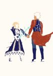  1boy 1girl ahoge archer armor armored_dress artoria_pendragon_(all) blonde_hair dark_skin dark_skinned_male fate/stay_night fate_(series) green_eyes highres invisible_air kanshou_&amp;_bakuya saber sword weapon white_hair y_udumi 