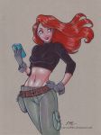  1girl baggy_pants belt cargo_pants crop_top em-scribbles gloves green_eyes green_pants hand_on_hip impossible_pants kim_possible loose_belt loose_pants midriff navel pants phone red_lips smile 