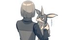  1boy animal bunny commentary_request creature dragon_quest dragon_quest_xi facing_another facing_away from_behind greyscale hero_(dq11) highres holding holding_animal holding_bunny horned_rabbit horns long_sleeves looking_at_another male_focus monochrome sayshownen shirt short_hair single_horn translation_request upper_body whiskers 