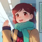  1girl :d aoba_misaki blue_scarf bow brown_hair coat hand_up idolmaster idolmaster_million_live! idolmaster_million_live!_theater_days indoors kamille_(vcx68) open_mouth power_lines red_bow red_eyes scarf short_hair smile solo 