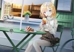  1girl bag bangs bare_legs bare_shoulders blonde_hair blue_eyes blush breasts brown_skirt cafe clothing_cutout cup detached_sleeves doughnut drinking drinking_straw drinking_straw_in_mouth flower food hair_ornament handbag holding holding_cup hololive hololive_english iced_tea long_sleeves looking_at_viewer medium_breasts medium_hair monocle monocle_hair_ornament nabi_(uz02) outdoors plant pleated_skirt potted_plant ribbed_shirt ribbed_sleeves shirt shirt_tucked_in shoulder_cutout sitting skirt solo table turtleneck umbrella virtual_youtuber watson_amelia window windowsill yellow_flower 