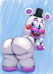  2018 4_fingers :d animatronic anthro barefoot bent_over big_butt big_eyes black_eyebrows black_nose blue_background blue_eyes bubble_butt buckteeth butt clothing eyebrows fingers five_nights_at_freddy&#039;s freddy_fazbear&#039;s_pizzeria_simulator happy hat headgear headwear helpy_(fnaf) hi_res looking_at_viewer looking_back luilama machine male mammal multicolored_body multicolored_ears nude open_mouth pink_tongue presenting presenting_hindquarters purple_body purple_ears robot round_ears simple_background smile solo standing teeth thick_thighs tongue toony top_hat ursid video_games white_body white_ears wide_hips 