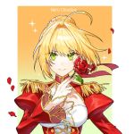  1girl ahoge bangs blonde_hair bon_(bony_53) braid breasts character_name closed_mouth commentary_request dress fate/extra fate_(series) flower green_eyes hair_intakes holding holding_flower juliet_sleeves large_breasts long_sleeves looking_at_viewer medium_breasts nero_claudius_(fate) nero_claudius_(fate)_(all) petals puffy_sleeves red_dress red_flower red_rose rose rose_petals shiny shiny_hair smile solo upper_body 