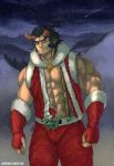  1boy abs bara bare_pecs bare_shoulders broken_horn bulge cowboy_shot dark_blue_hair demon_horns facial_hair fang forked_eyebrows fur-trimmed_jacket fur-trimmed_sleeves fur_trim gramfurs horns jacket male_focus muscular muscular_male navel open_clothes open_jacket pants pectorals red_jacket red_pants santa_costume scar_on_neck short_hair sideburns sleeveless sleeveless_jacket smile snowing solo stomach stubble takemaru_(tokyo_houkago_summoners) thick_eyebrows thick_thighs thighs tokyo_houkago_summoners 
