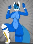  absurd_res anthro arms_above_head big_breasts bodily_fluids bodysuit breasts canid canine clothed clothing diamonsion digital_media_(artwork) ellie_(diamonsion) female footwear fox fur green_eyes hair hi_res lazer looking_at_viewer mammal skinsuit solo text thick_thighs tight_clothing 