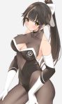  1girl anchor_symbol azur_lane bangs black_hair black_legwear black_leotard blush bow breasts brown_eyes cleavage cleavage_cutout closed_mouth clothing_cutout commentary copyright_name covered_navel cowboy_shot elbow_gloves gloves grey_background hair_bow hair_flaps halterneck hands_on_own_thighs head_tilt large_breasts leotard light_frown long_hair looking_at_viewer pantyhose ponytail see-through simple_background skeptycally solo standing takao_(azur_lane) thighs twitter_username very_long_hair white_bow white_gloves 