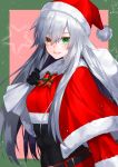  1girl abs belt bow breasts carrying christmas commentary_request covered_navel dodome_ichika from_side green_eyes hair_between_eyes hat heterochromia highres long_hair looking_at_viewer messy_hair open_mouth original santa_costume santa_hat shawl silver_hair small_breasts smile solo upper_body waka_(shark_waka) yellow_eyes 