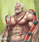  1boy abs bara bare_pecs bead_necklace beads beard chest_hair facial_hair highres hogen_(tokyo_houkago_summoners) horns jewelry looking_at_viewer male_focus muscular muscular_male navel navel_hair necklace nhawnuad nipples old old_man pectorals sash short_hair single_horn smile solo stomach tokyo_houkago_summoners upper_body white_hair yellow_eyes 