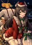  1boy 1girl anchor_necklace antlers bag bangs black_hair blush bow chimney christmas commentary_request dress fur_trim gloves green_bow green_eyes hair_bow hat highres i-47_(kantai_collection) ichikawa_feesu kantai_collection long_hair looking_at_viewer military military_uniform night night_sky open_mouth red_dress reindeer_antlers santa_hat sidelocks sitting sky snow snowing sweat t-head_admiral thighhighs uniform very_long_hair wariza white_gloves white_legwear 