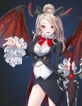  1girl blonde_hair blush bow breasts cleavage demon_girl demon_horns demon_wings fang highres holding holding_sword holding_weapon horns long_hair lost_saga open_mouth red_eyes red_neckwear shiny shiny_skin signature slit_pupils smile solo ssorasora sword weapon wings 