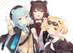  3girls ?? animal_ears arknights arm_up arms_up badge barrette bear_ears beige_cardigan beret black_headwear black_jacket blonde_hair blue_dress blue_eyes blue_hair blue_nails blue_neckwear blue_skirt blush braid brown_hair brown_jacket brown_skirt candy candy_hair_ornament cardigan choker dress eyebrows_visible_through_hair eyewear_on_head food food_themed_hair_ornament gao gummy_(arknights) hair_ornament hat holding holding_candy holding_food holding_lollipop istina_(arknights) jacket leaning_forward lollipop looking_at_viewer medium_hair monocle multicolored_hair multiple_girls nail_polish necktie one-piece_swimsuit one_eye_closed open_clothes open_jacket open_mouth pleated_skirt red_nails red_neckwear sailor_collar sailor_one-piece_swimsuit shirt skirt sparkle standing star_(symbol) strap streaked_hair sunglasses swimsuit swirl_lollipop tied_hair tongue tongue_out toufu_mentaru_zabuton twintails twitter_username upper_body v white_background white_sailor_collar white_shirt yellow_nails zima_(arknights) 