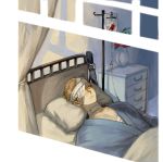  1boy bandage_over_one_eye bandages bed blonde_hair closed_mouth collarbone danganronpa_(series) danganronpa_2:_goodbye_despair flower freckles hospital hospital_bed indoors kuzuryuu_fuyuhiko long_sleeves looking_at_viewer lying male_focus mole mole_under_mouth pekupe_(p_krr) pillow red_flower short_hair solo upper_body very_short_hair window 