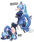  all_fours animal_humanoid annoyed bent_over blue_eyes blue_hair blush bottomwear butt butt_sniffing clothing crossed_arms dragon dragon_humanoid faceless_male female footwear hair hi_res human humanoid kemono_friends legwear male mammal nekosu panties pantyhose raised_tail seiryu_(kemono_friends) shirt shoes skirt sniffing tights topwear twintails_(hairstyle) underwear 