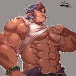  1boy abs bara bare_pecs bead_bracelet beads bracelet broken_horn bulge dark_blue_hair dark_skin dark_skinned_male demon_horns facial_hair fang forked_eyebrows from_below highres horns jewelry lifted_by_self looking_at_viewer male_focus muscular muscular_male navel open_pants pants pectorals reclamon shirt_lift short_hair sideburns signature solo stomach stubble takemaru_(tokyo_houkago_summoners) thick_eyebrows tokyo_houkago_summoners upper_body 