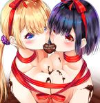  2girls attsun_(atsushi_jb) bangs bare_shoulders blue_eyes blush breast_press breasts candy chocolate chocolate_heart chocolate_on_breasts eyebrows_visible_through_hair food fujisaki_ayumi hair_between_eyes hairband heart jindou_hikari large_breasts looking_at_viewer medium_breasts multiple_girls open_mouth red_eyes sekai_ka_kanojo_ka_erabenai valentine wrapped_up wrapping 